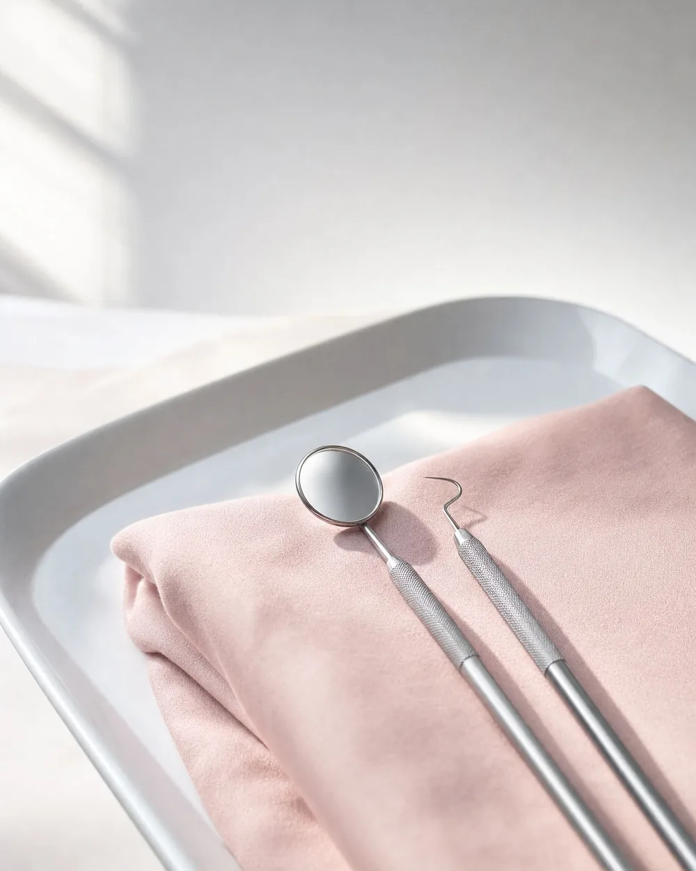 Ilustración editorial de instrumentos dentales plateados sobre una tela rosa doblada.